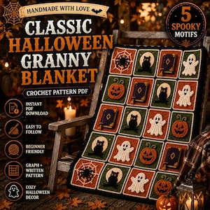 May include: A crochet blanket featuring a grid of squares with Halloween motifs including ghosts, pumpkins, owls, spellbooks, and spiderwebs. The text reads CLASSIC HALLOWEEN GRANNY BLANKET, CROCHET PATTERN PDF, 5 SPOOKY MOTIFS, and HANDMADE WITH LOVE.