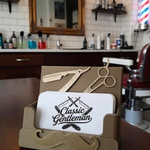 Visitenkartenhalter für Friseure – Rasiermesser, Schere, Schnurrbart-Deko für den Schreibtisch, Friseursalon, Haarstylist