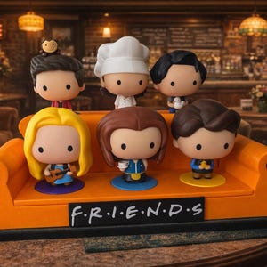 Könnte beinhalten: Ein dekoratives orangefarbenes Sofa mit sechs Zeichentrickfiguren, darunter ein Koch und ein Affe. Auf dem Sofa steht das Wort "FRIENDS". Der Hintergrund zeigt eine Bar-Umgebung mit einem "SERVICE"-Schild.