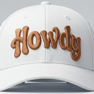 May include: A white baseball cap featuring the word "Howdy" in a brown, decorative font. The cap has a curved peak and a button on the crown. The design is simple and clean.