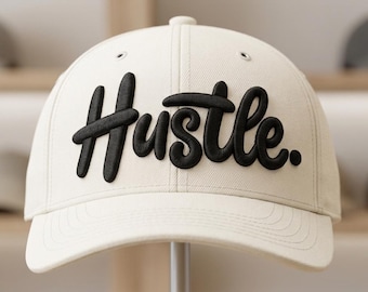 Hustle 3D Puff Embroidery Design – Bold Script Cap Logo (Digital Download)