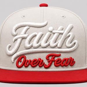 May include: A snapback baseball cap with a red brim and top button. The cap is light gray with the words "Faith Over Fear" embroidered in white and red script.