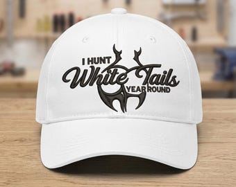 I Hunt Whitetails Year Round Flat Embroidery Design – Deer Antler Hunting Cap Embroidery Pattern