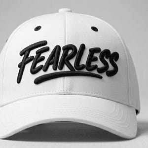 May include: White baseball cap with the word "FEARLESS" in bold, black, raised lettering. The cap has a curved brim and a button on top. A stylish accessory for everyday wear.