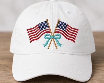 American Flag Flat Embroidery Cap Mockup – White Baseball Hat, Patriotic Embroidered Design, Realistic Cap