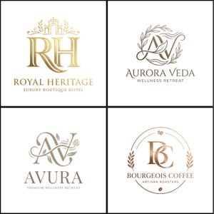 May include: A collection of four gold-toned logos on a white background. The logos feature the text Royal Heritage Luxury Boutique Hotel, Aurora Veda Wellness Retreat, Avura Premium Wellness Retreat, and Bourgeois Coffee Artisan Roasters.