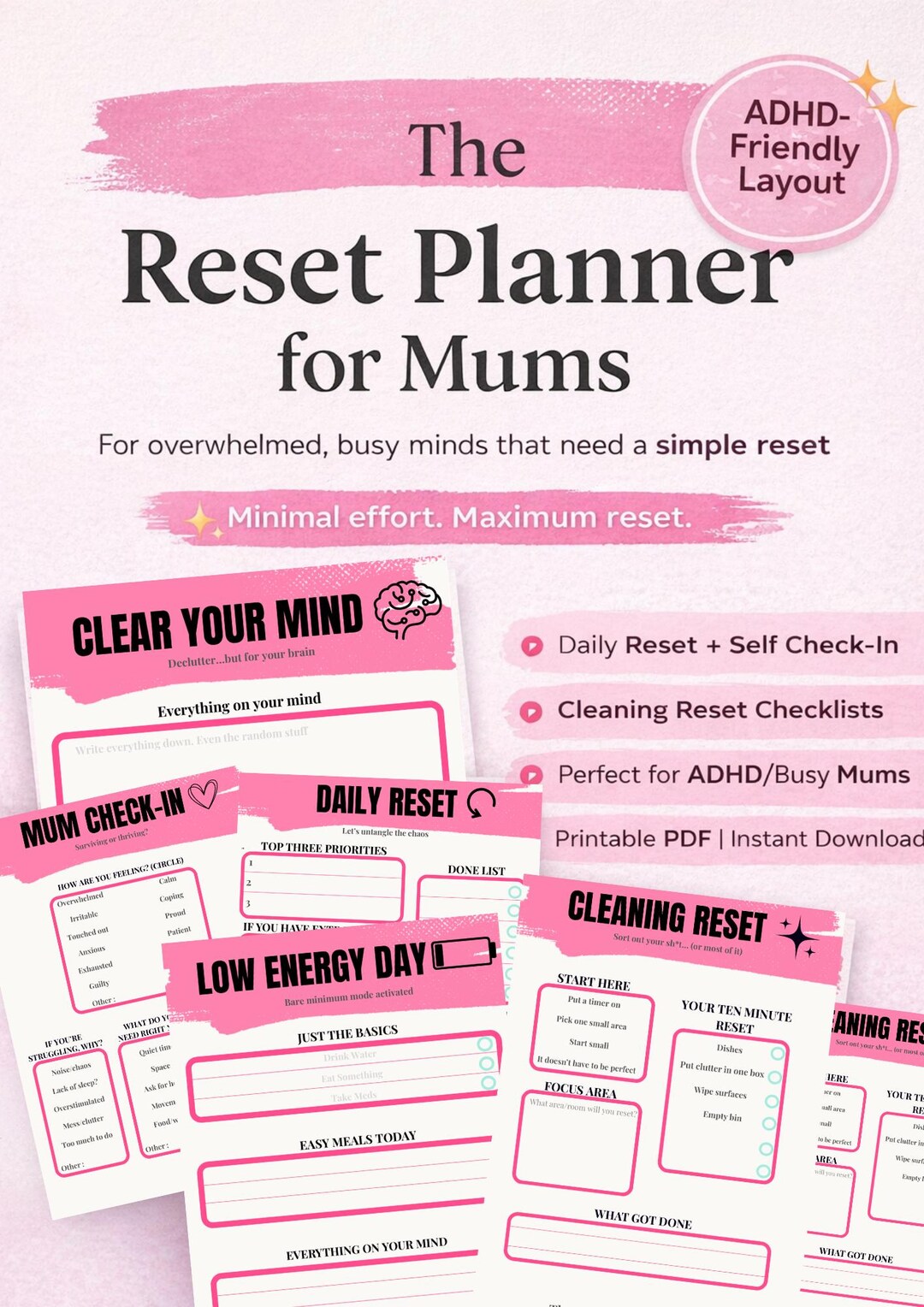 ADHD Mum Reset Planner | Daily, Low Energy, Cleaning (printable PDF) - Etsy