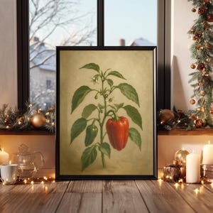 May include: A framed botanical print featuring a central pepper plant with green leaves, small white flowers, one large red bell pepper, and one smaller green pepper. The illustration is set against a muted, light tan background.