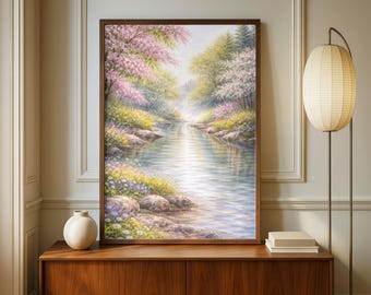 Spring Landscape Watercolor Art Print, Cherry Blossom River Poster, Light Pastel Floral Wall Decor, Seasonal Country Nature Painting