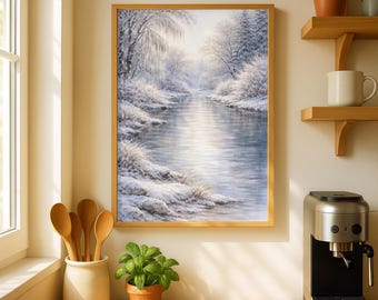 Winter Landscape Watercolor Art Print, Snowy River Forest Poster, Muted Blue Gray Wall Decor, Seasonal Nature Painting Gift, Rolled Poster