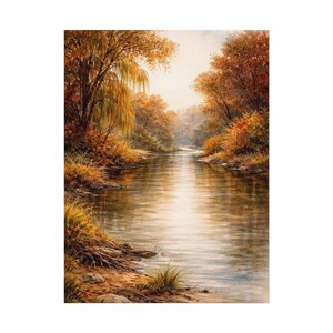 Fall Landscape Watercolor Art Print, Autumn River Tree Nature Poster, Warm Cozychic Cottagecore Wall Decor, Seasonal Painting Gift image 14