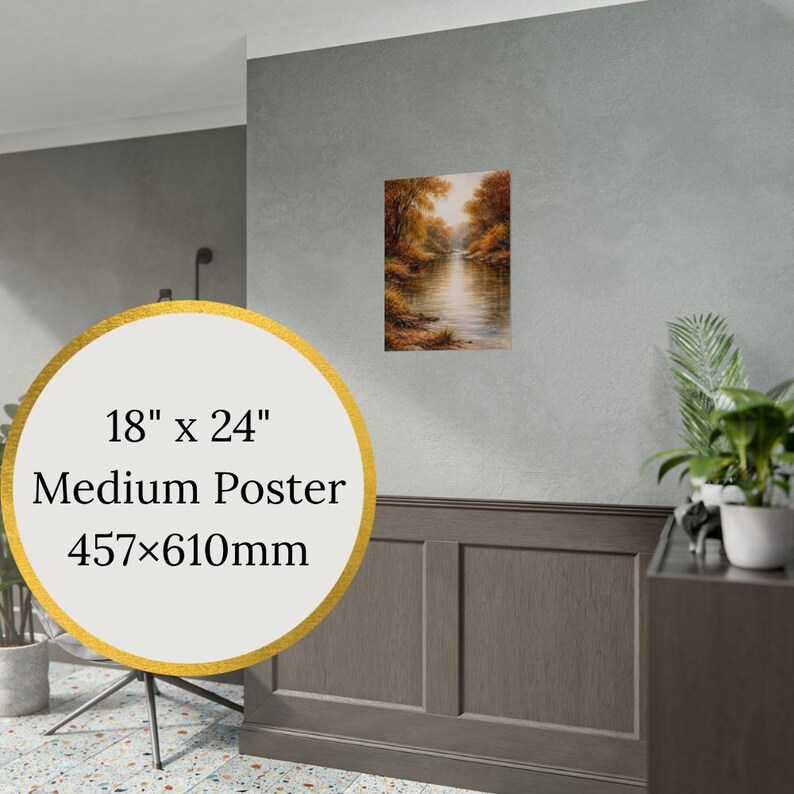 May include: A medium poster, 18" x 24", displays a serene landscape painting. The artwork depicts a river flowing through a forest with autumn foliage. The poster is mounted on a gray wall.