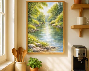 Summer Landscape Watercolor Art Print, Bright Sunlit River Poster, Vibrant Green Tree Wall Decor, Lush Nature Forest Painting Gift