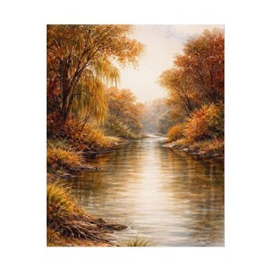 Fall Landscape Watercolor Art Print, Autumn River Tree Nature Poster, Warm Cozychic Cottagecore Wall Decor, Seasonal Painting Gift image 12