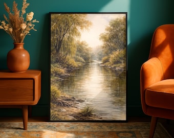 Summer Evening Watercolor Art Print, Golden Hour River Poster, Warm Twilight Landscape Decor, Muted Earth Tone Nature Painting Rolled Poster
