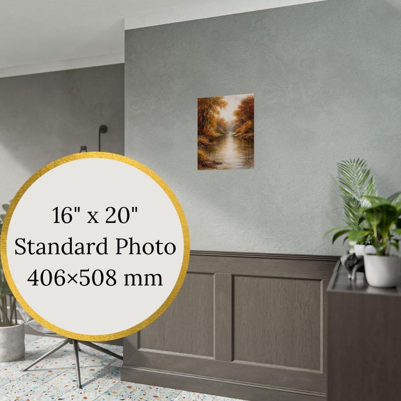 May include: A framed 16" x 20" standard photo print of a landscape painting. The artwork depicts a river scene with trees in autumn colors. The print is displayed on a gray wall.