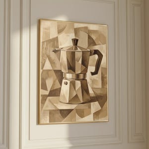 May include: A framed wall art print featuring a geometric, cubist-style illustration of a moka pot coffee maker. The artwork uses a monochromatic palette of beige, tan, and brown tones, depicting the coffee maker with sharp, angular facets.