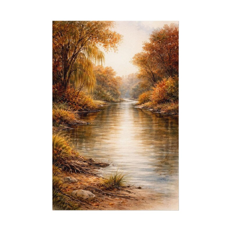 Fall Landscape Watercolor Art Print, Autumn River Tree Nature Poster, Warm Cozychic Cottagecore Wall Decor, Seasonal Painting Gift image 16