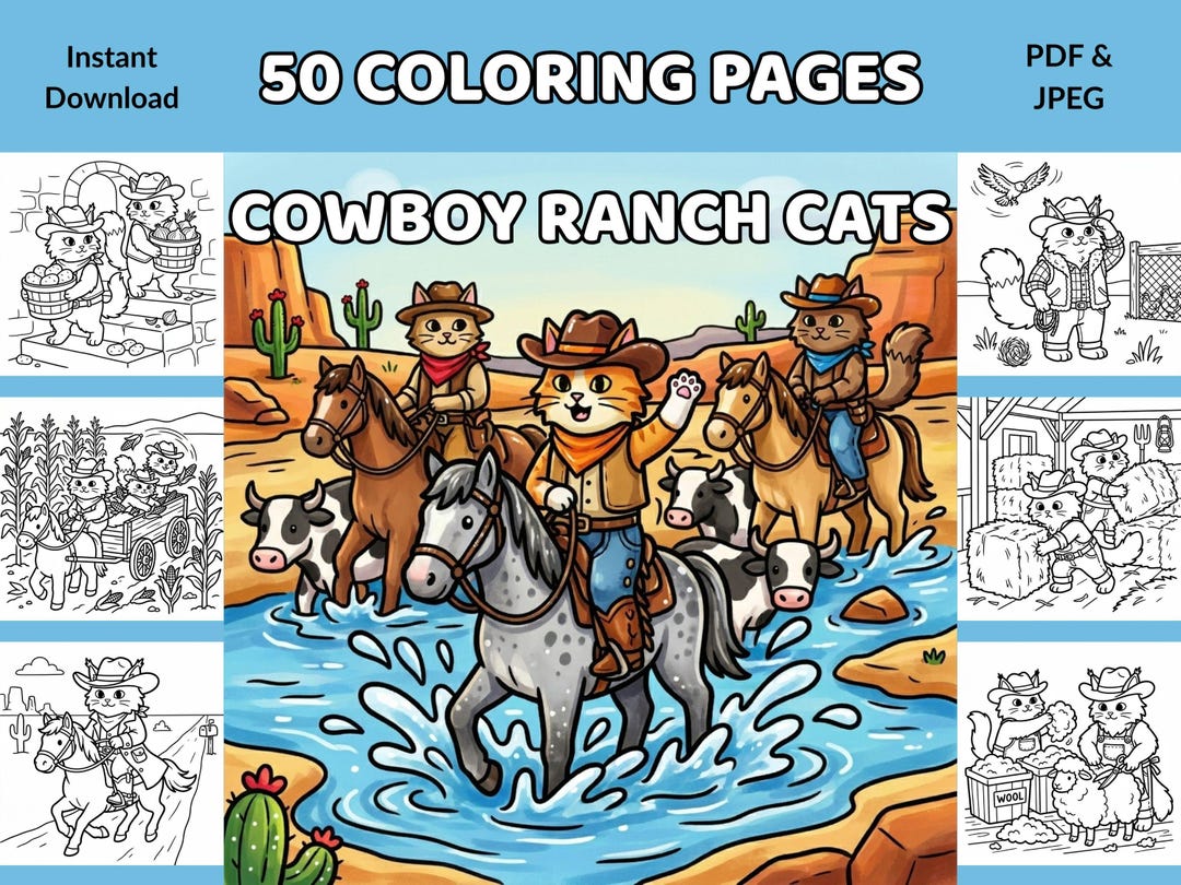 Coloring For Ranchers Cowboy Ranch Cats Bold Easy Coloring Book Pages Western Farm Scenes ...