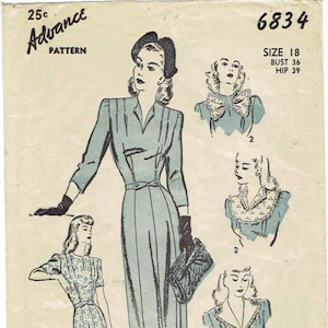 1940er Jahre Tageskleid mit Kragenoptionen Muster Advent 6834. Wing Tie, Tailliert, Passe oder Rüschenkragen am taillierten Kleid. Größe 18 Büste 92 cm