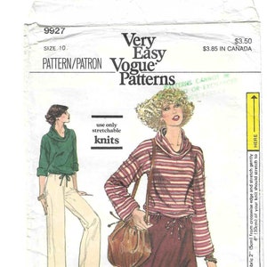 May include: A vintage sewing pattern for a women's top and skirt. The pattern is for Vogue Very Easy Patterns and is for use with stretchy knit fabrics. The pattern number is 9927 and the size is 10.