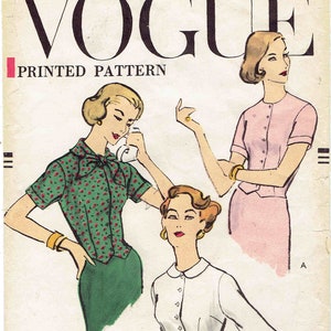 1950s Vogue Blouse Pattern Size 18 Bust 36. Button Front Blouse, Shaped Waist, Peter Pan, Detachable Collar, Jewel Neck Option.