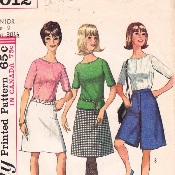 60s Flared Skirt, Culottes and Knit Top Pattern Simplicity 6012 Junior Size 9 Bust 30.5 in. Flared Skirt or Culottes and Knit Fabric Shirt
