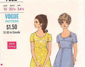 60s Vogue Mod Dress Pattern 7592 Size 10 Bust 32.5. High Waisted A-Line Dress with Top Stitching Details, Short Sleeves, Scoop Neck.