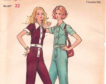 70s Jumpsuit Pattern Butterick 6087 Junior Size 9 Bust 32. Semi-fitted Straight Leg, Short Sleeve, Front Button, Button Belt Jumpsuit.