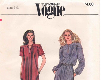 Very Easy Vogue 80s Sack Dress Pattern 7905 Size 14 Bust 36. Loose-Fitting, Pullover Dress, Pockets, Keyhole Neck, Yoke, Two Piece Sleeves.