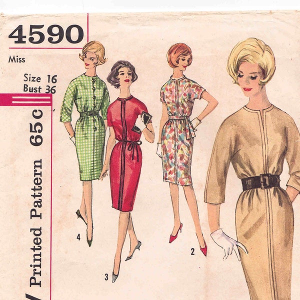 60s "Simple to Make" Shift Dress Pattern Simplicity 4590 Size 16 B36. Kimono Sleeve, Jewel or Split Neck, Trim Options.