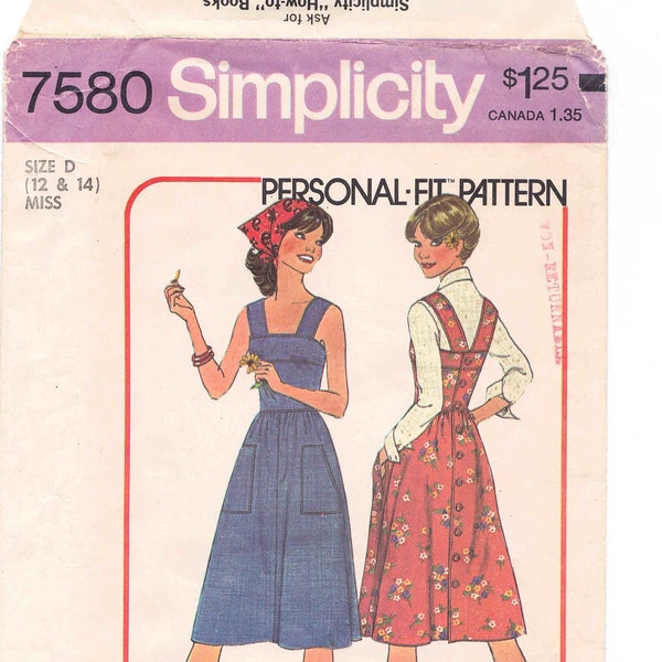 70s Cottagecore Dress Jumper Pattern Simplicity 7580. Uncut/FF Sizes 12-14. Pinafore Apron Dress or Jumper, Back Button, Straps, Pockets.