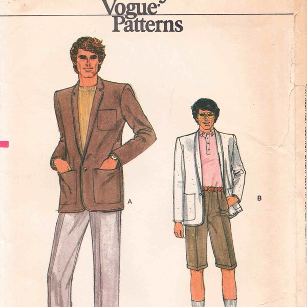 80s Vogue Men's Suit & Shorts Pattern 7418 Size 42. Men's Slim, Tapered Pants or Shorts and Shawl or Notch Collar Jacket.