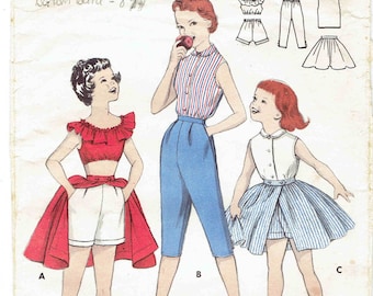 Vintage Girl's Playsuit Pattern Butterick 7370.  Midriff Blouse, Shorts, Pedal Pushers, Overskirt & Sleeveless Blouse. Size 6 Breast 24 in.