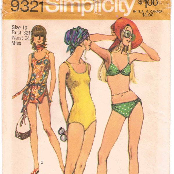 70s Bathing Suits Pattern Simplicity 9321 Size 10 Bust 32.5. 3 Versions - Bikini, One-Piece Tank and Tank Top & Shorts Combo with Side Slit