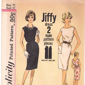 60s Dress Pattern Simplicity 4429 Size 12 Bust 32. Jiffy Dress - Easy to Make Dress with V Back, Sleeveless, Below Knee, Patch Pockets.