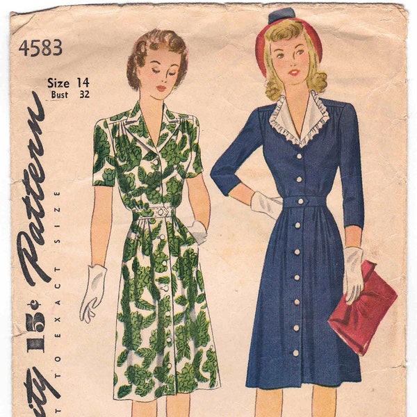 40s Dress Pattern Simplicity 4583 Size 14 Bust 32. Shirtwaist Dress, Button Front, Detachable Collar, Pockets, Gathered Shoulders.