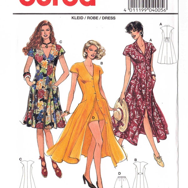90s Dress Pattern Burda 4005 Uncut/FF Approx US Sizes 12-22 Bust 34.25 - 43.5 in. Button Front Flared Dress with V-Neck, Pockets, Shorts.