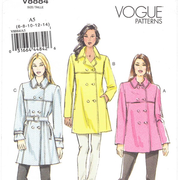 Vogue Trench Coat Pattern 8884 Uncut/FF Sizes 6-14 Bust 30.5-36 in. Double Breasted, Semi-Fitted Coat with Collar and Length Options.