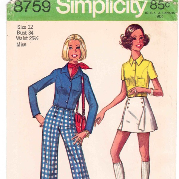 70s Women's Shirt, Pants and Skort Pattern Simplicity 8759 Size 12 B 34. Button Front Shirt, Side Zip Pants or Pantsdress/Skort Button Trim