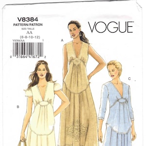 Vogue Dress Pattern 8384 Uncut/FF Sizes 6-12 Bust 30.5-34. Deep V Neck Dress, Shaped Seams, Flounce, Long Flared Skirt, Sleeve Options.
