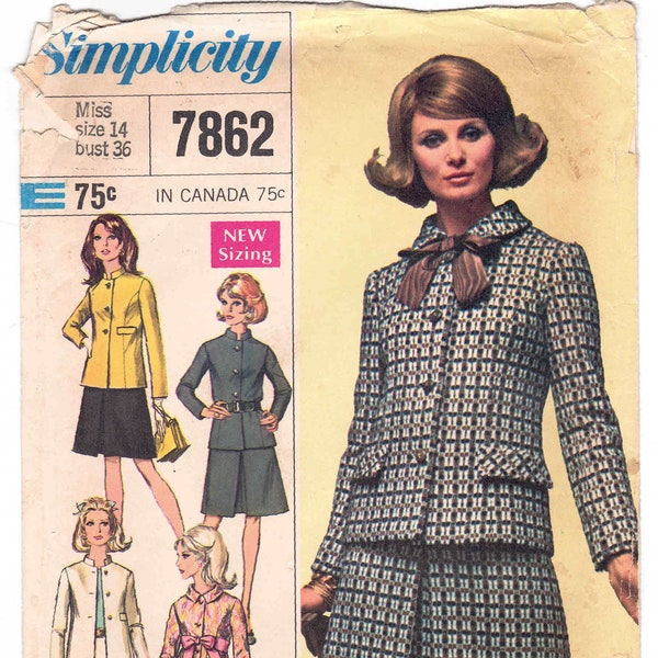 60s Women's Suit Pattern Simplicity 7862 Size 14 Bust 36. Lined Hip Length Jacket w/Convertible or Nehru Collar and Inverted Pleat Skirt.