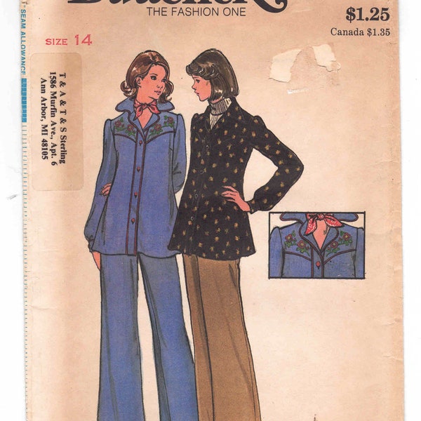 70s Maternity Top and Pants Pattern Butterick 3918. Uncut/FF Size 14. Flared Top with Pointed or Round Collar, Embroidered. Flared Pants.