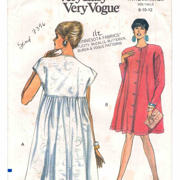 90s Tent Dress Very Easy Very Vogue Pattern 8047. Cut for Size 12. Very Loose Fitting Dress, Button Front, Drop Shoulder, Sleeve Options.