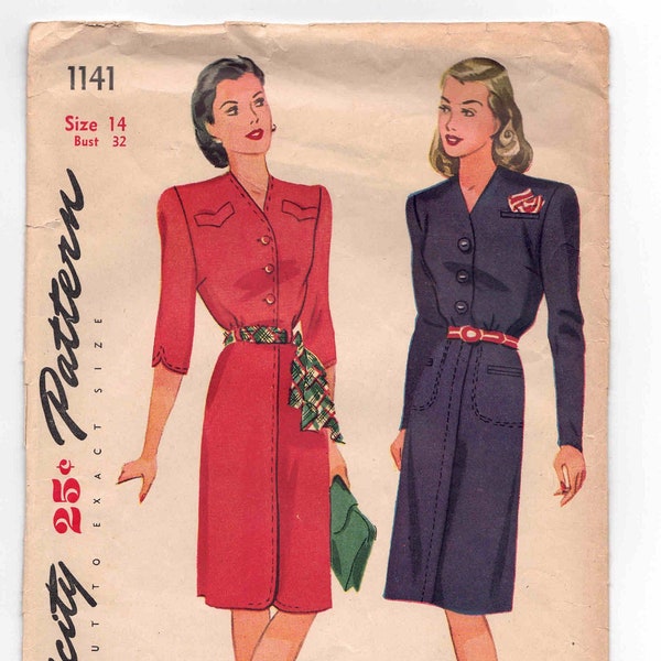 40s Dress Pattern Simplicity 1141 Size 14 Bust 32. Cardigan Neckline Front Button Dress, Pointed Flaps or Bound Pockets, Sleeve Options.