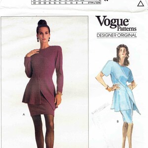 Vogue Designer Original 80s Dress Pattern 2162. Size 10 Bust 32.5. Shaped Upper Front, Peplum Drape, Long Sleeves w/ Gussets, Tapered Skirt