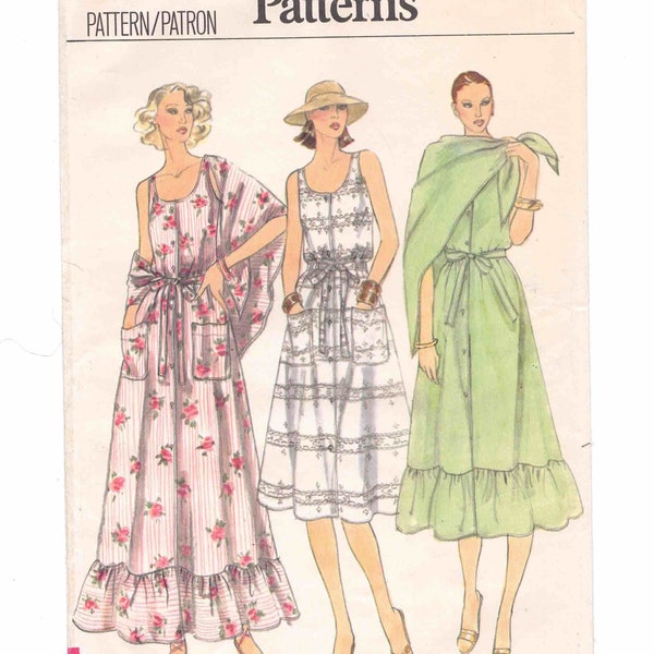 70s Vogue Sundress Pattern 7055 Uncut/FF Size 10 Bust 32.5. Scoop Neck Dress, Button Front Maxi or Below Knee, Ruffled Hem, Shawl, Pockets.