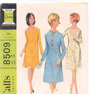 60s Mod Dress Pattern McCalls 8509 Size 14 Bust 34. Dress in 3 Versions. A-Line Shift Dress with Optional Band Collar, Bead or Braid Trim.