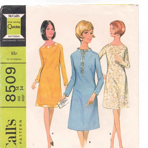 60s Mod Dress Pattern McCalls 8509 Size 14 Bust 34. Dress in 3 Versions. A-Line Shift Dress with Optional Band Collar, Bead or Braid Trim.