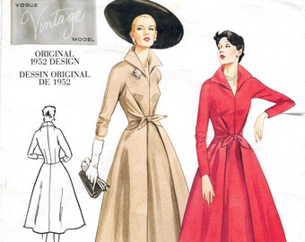 50s Vintage Vogue Reproduction Dress Pattern 2401 Uncut Sizes 18-22 Bust 40-44. Wrap Dress w/ Standing Wing Collar and Tie Belt.